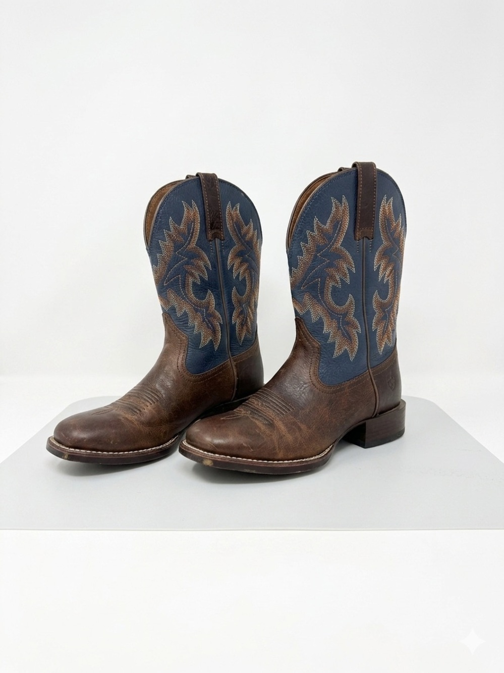 Men's Western Leather Boots in Brown and Blue - Classic Cowboy Style